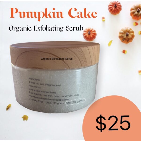 A jar of pumpkin cake organic exfoliating scrub.